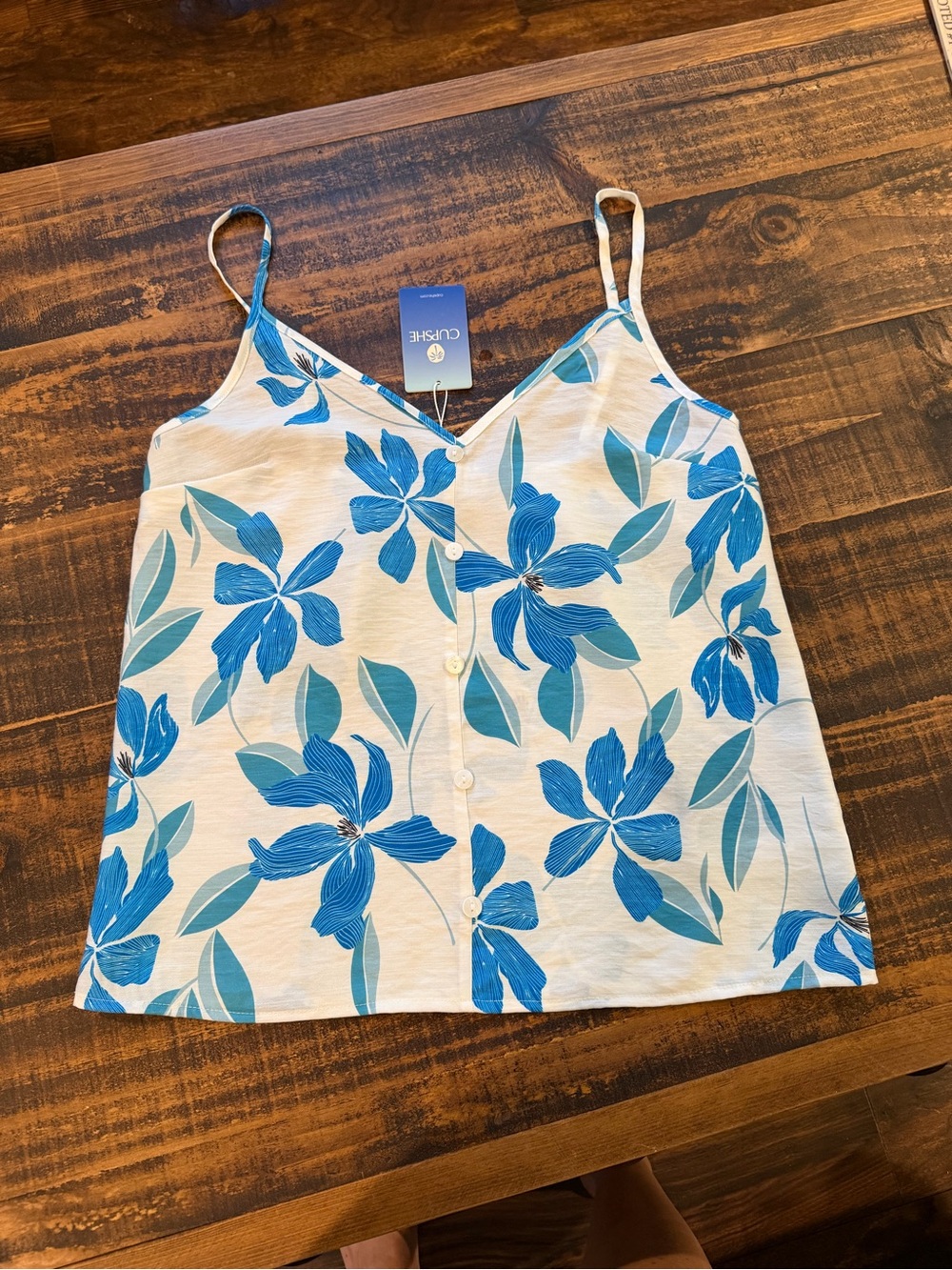 Cupshe White Camisole with Blue Floral Print and Front Buttons